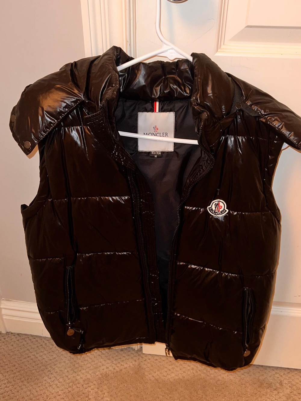 Moncler Black Glossy Quilted Down Vest with Hood